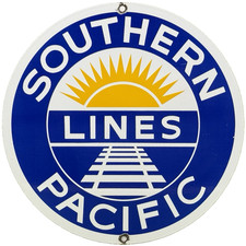 VINTAGE SOUTHERN PACIFIC LINES PORCELAIN SIGN GAS STATION PUMP PLATE OIL TRAIN