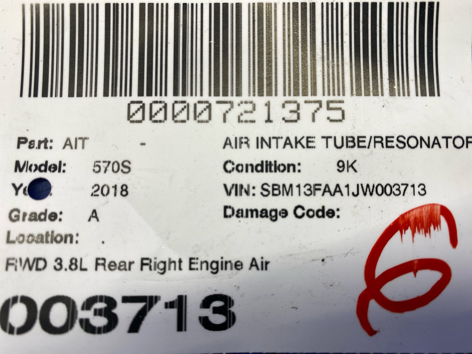 2016-2021 Mclaren 570s RWD 3.8L Rear Right Engine Air Intake Hose Pipe 13F0683CP