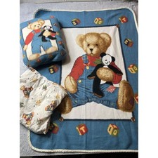 Vintage blue Jean teddy bear baby blanket pillow crib sheet 90s blocks unique