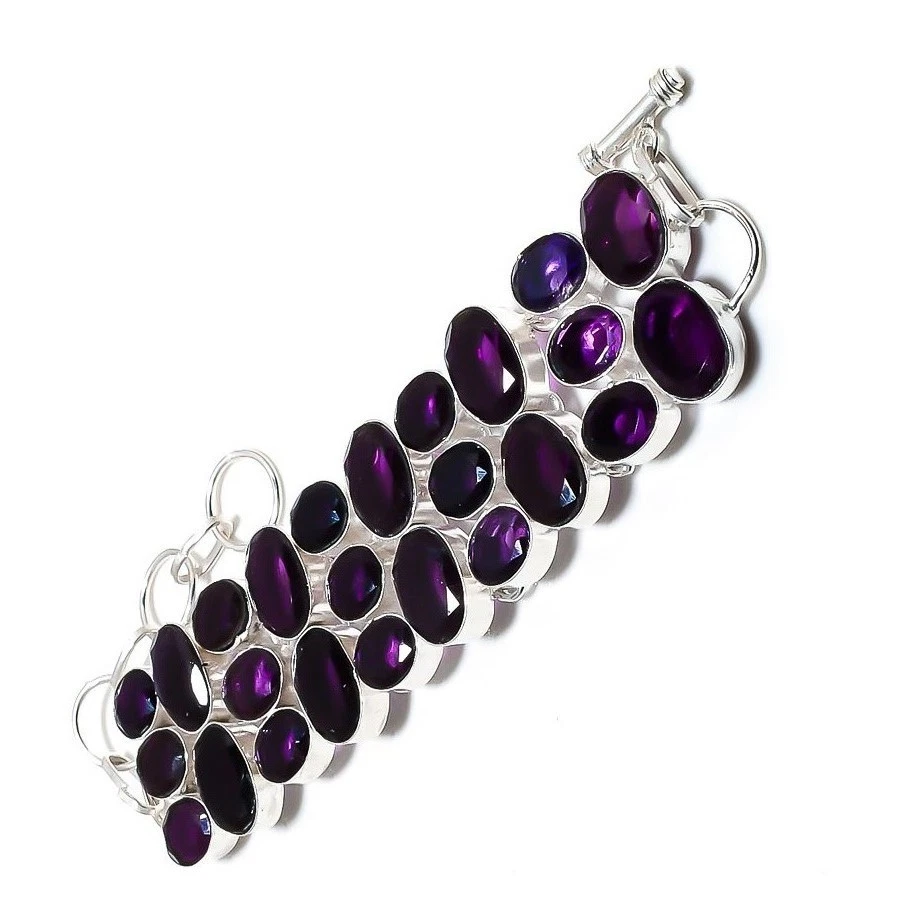 African Amethyst Gemstone 925 Sterling Silver Handmade Jewelry Bracelet 8" - Image 4 of 4