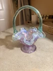 Signed  Fenton Art Glass Lavender Carnival Glass Sea green Handle Basket Ruffle
