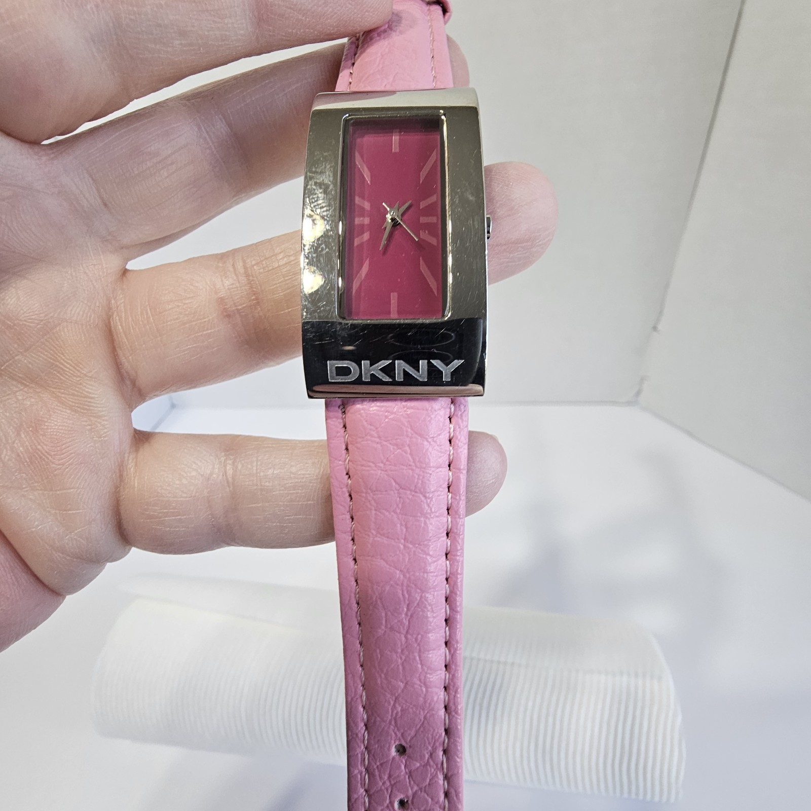 Y2K DKNY Rectangular Face Watch, Pink Leather Ban… - image 2