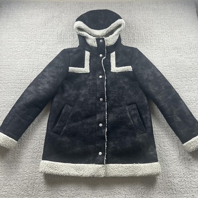 GUESS Coat Womens Small Black Faux Shearling Hooded Snap Fleece Lined Parka