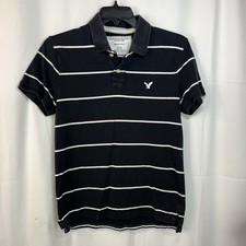 Mens American Eagle Medium Black With White Stripes Short Sleeve Polo Shirt Logo