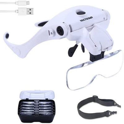 LED Head Magnifier, Rechargeable Hands Free Headband Magnifying Glasses with 2 L