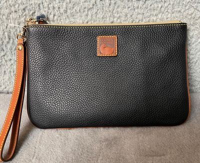 Dooney & Bourke Wristlet Black Pebbled Leather Brown Trim