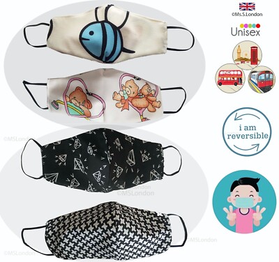 Kinder Kids Cartoon Gesichtsmaske 5-12 Jahre wendbar wiederverwendbar waschbar aus UK 
