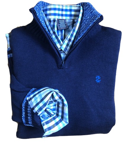Izod Boy's 2-Piece Holiday BLUE Sweater Set 1/4 Zip Sweater W Logo+ Plaid shirt. - Picture 7 of 12