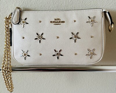 COACH STUDS ALL OVER LARGE WRISTLET 19 CHALK CROSSGRAIN LEATHER 73615
