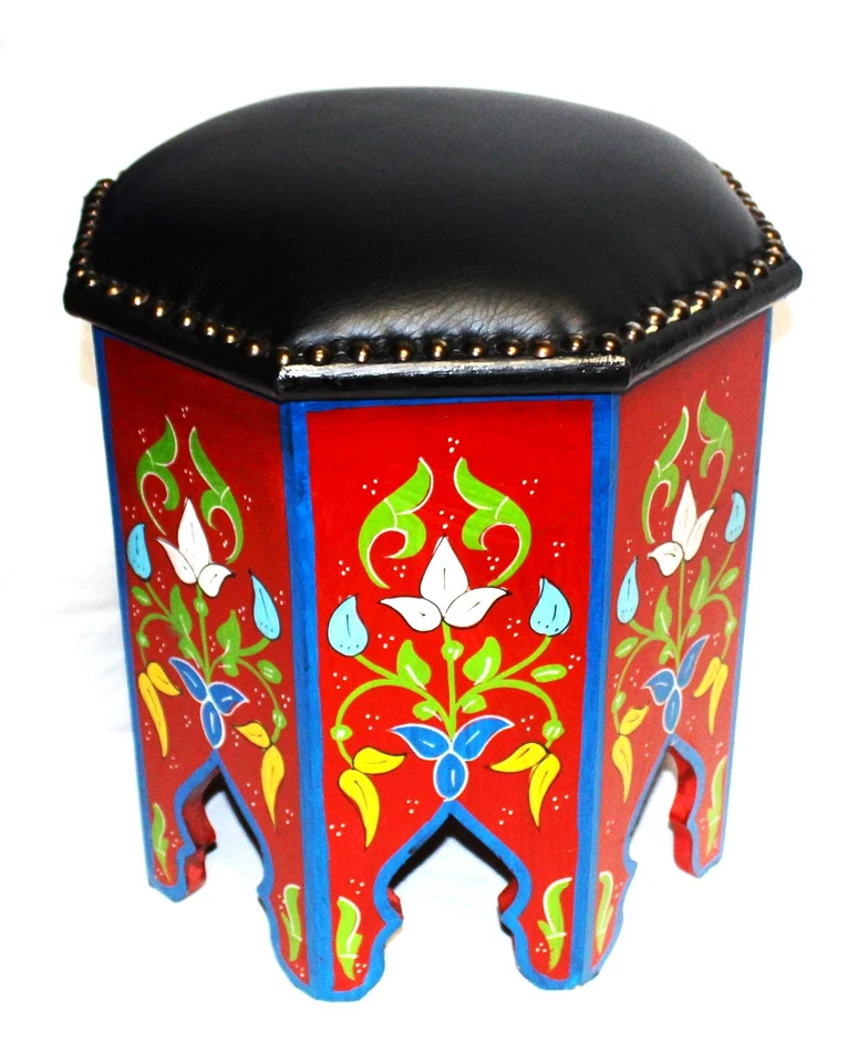 Footstool Handmade Painted Wood Leather Top Red Black Vanity Stool Moroccan - Image 4 of 4