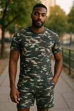 MEN'S 2 PIECE ARMY CAMO-FLAGUE COLORED STRIPED MATCHING SHORT & SHIRT SET