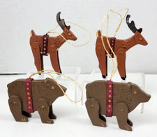 4 Wooden Deer Bear Woodland Ornaments Gold Accents Rustic Country Farmhouse