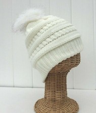 New Knit Crochet Beanie Winter Ski Hat With Faux Fur Pom Pom Plush Lining F