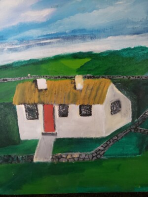 Painting. Original Vintage Irish Thatch Roof House.