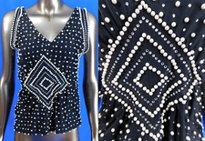 Vintage 1960s Mod London Pearly Queen Style Rhinestone Pearl Beaded Black Top