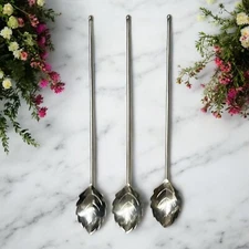 3 Modernist 625 Silver Leaf Shaped Iced Tea Sipper Spoons Denmark Marked 7.75"