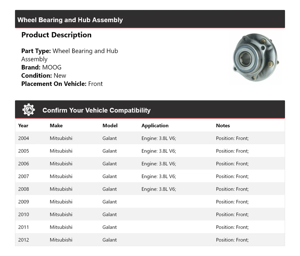 Para 2004-2012 Mitsubishi Galant rolamento de roda e conjunto de cubo dianteiro MOOG 2004 - Imagem 2 de 4