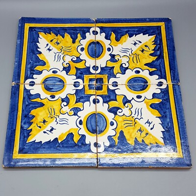 Set of 4 Old Tiles Hand-Painted Portugal? 5.5'' Square Blue Yellow White