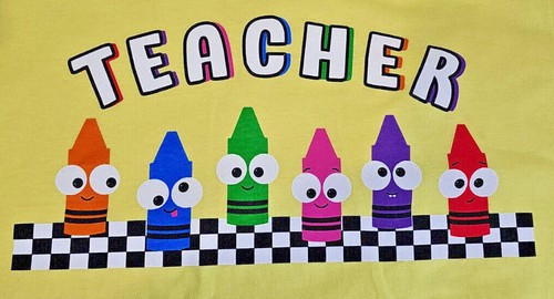 Womens Yellow Teacher T-Shirt w 7-Colors of Crayons ~ Gildan Softstyle M-XL - Picture 6 of 8
