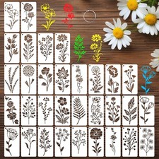 32 Pcs Wildflower Stencils for Painting on Wood, Reusable Flower Leaf Stencil...