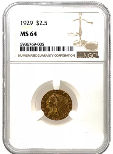 NGC MS 64 1929 $2.50 Dollar United States Indian Head Quarter Eagle Gold Coin. 