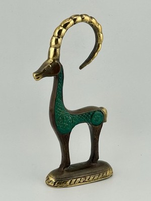 Vintage Moroccan Brass Ibex Figurine 6  Turquoise Enamel Mid Century Decor