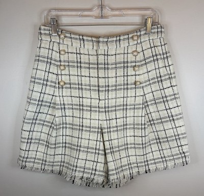 C WONDER Black White Plaid Tweed Shorts Medium Fringe Hem Pearl Button High Rise
