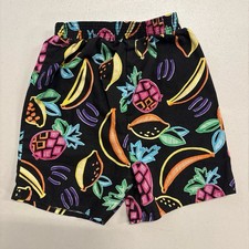 Vintage 90s Miniwaves Neon Tropical Fruit Print Black Shorts Size Large USA Made