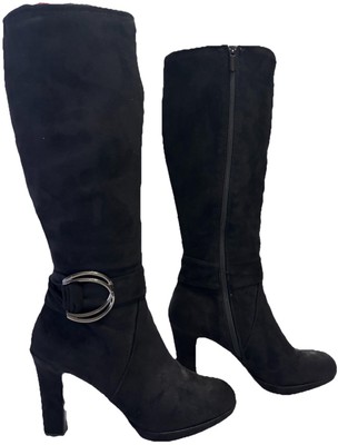 Impo Stretch Omari Women's 10M Black Faux Suede Zip Knee High 4'' Heel Boots Sexy