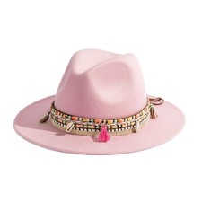 Women's Felt Fedora Hat Wide Brim Panama Hats with Tassel-Pink