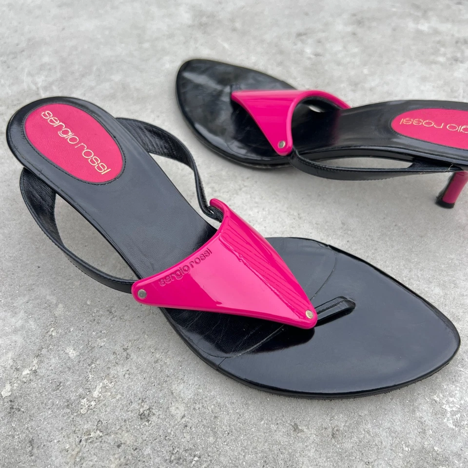 Sergio Rossi | Auténtico Tanga de Cuero Rosa Negro Chanclas Tacones de Gatito (35.5) Foto 4 de 4