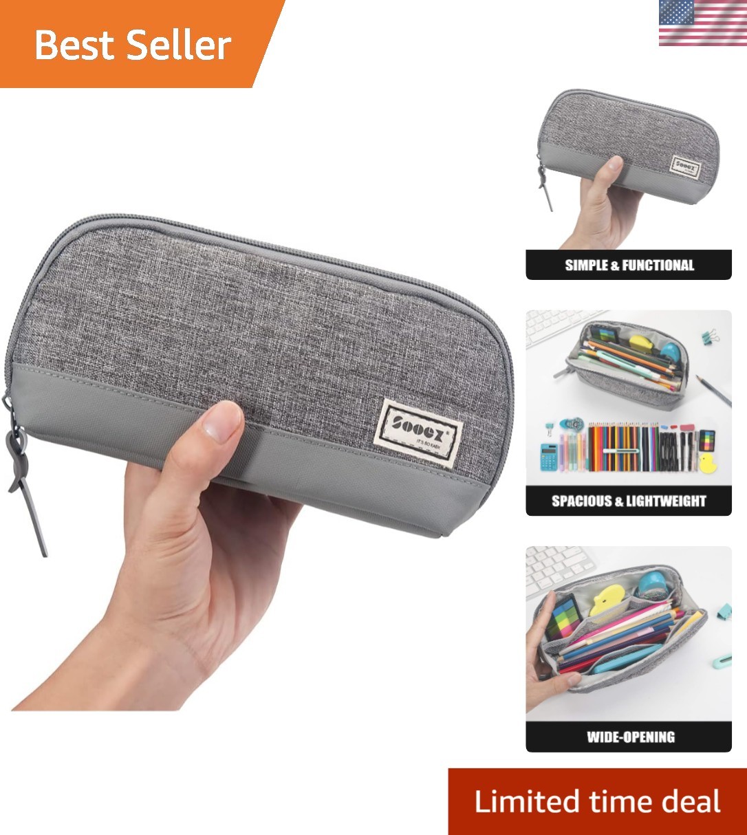 Case - Wide-opening Faux Leather Pen Organizer In Grey