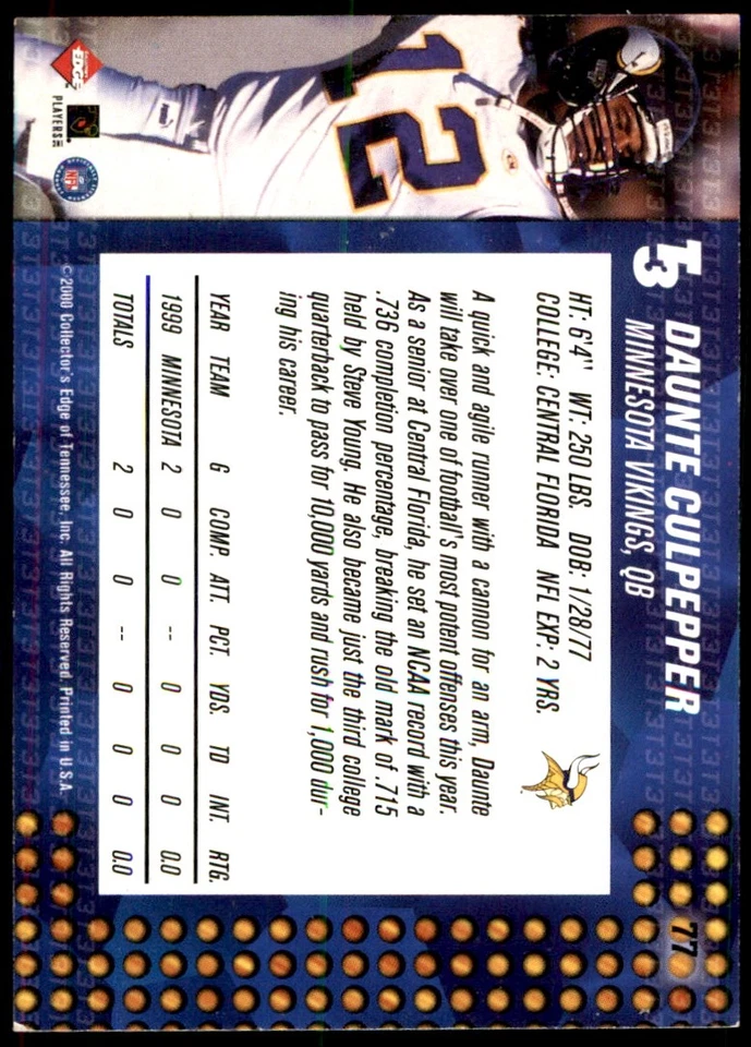 Daunte Culpepper 2000 Collector's Edge T3 #77 Vikings NFL READ FREE SHIPPING - Image 2 of 2