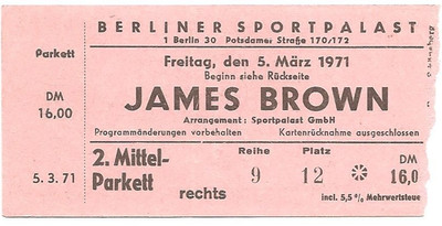 James Brown  In Concert 1971 Berlin  Ticket / Konzertkarte / Eintrittskarte