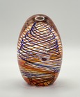 Orange Blue Latticino Swirl Art Glass Paperweight | Egg Shape | Controlled Bubbl