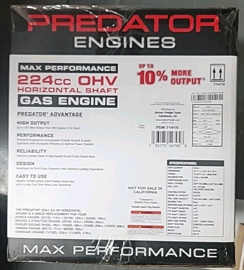 6.6 HP (224cc) Max Performance OHV Horizontal-Shaft Gas Engine, EPA. **SEALED** - Image 4 of 4