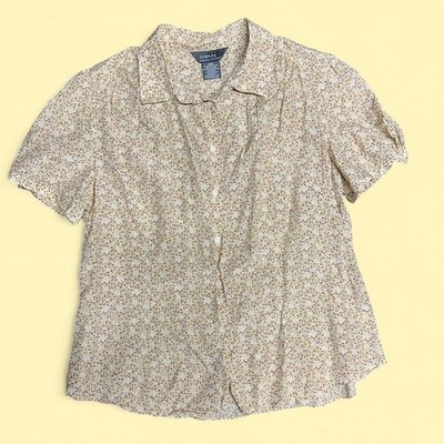 George ME Blouse Large Tan Silk Cotton Puff Sleeve Floral Cottagecore GME37249
