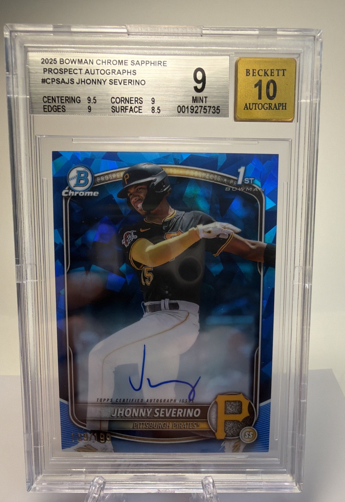 JHONNY SEVERINO 2025 BOWMAN CHROME 1ST SAPPHIRE AUTO /199 BGS 9