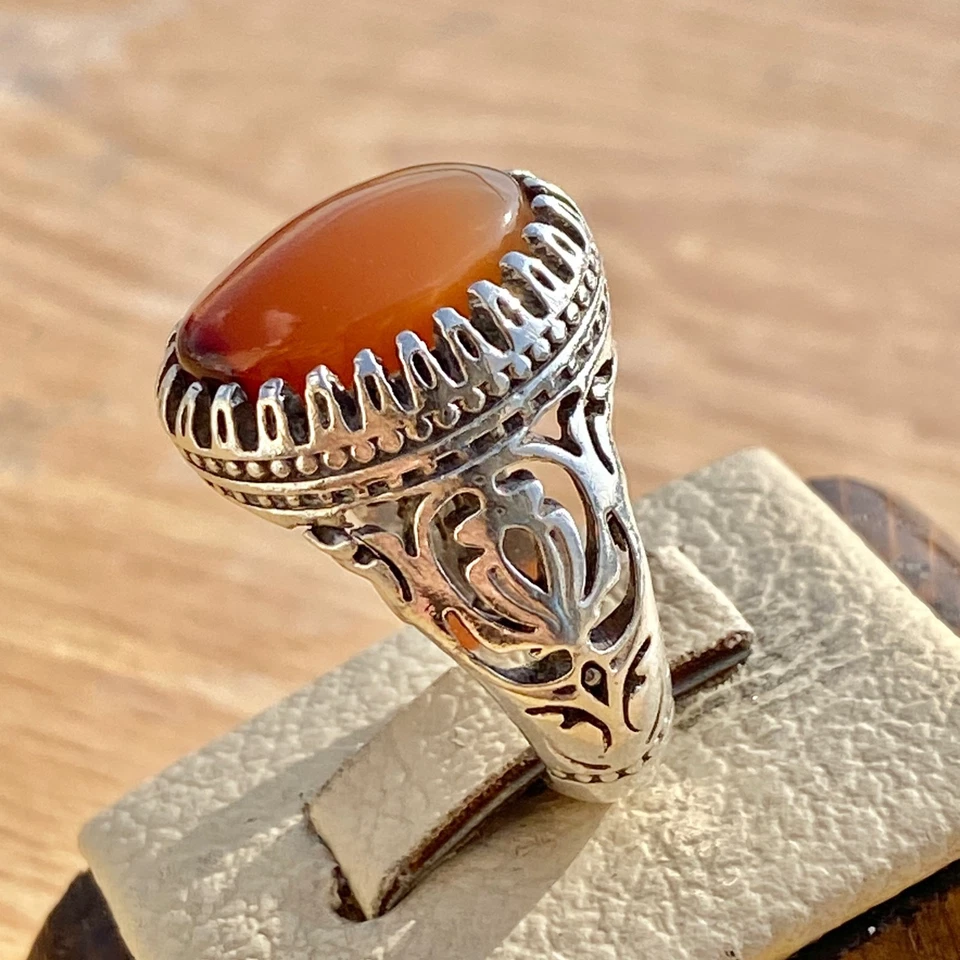ANILLO Rojo Antiguo Yemení Ágata Anillo Aqeeq para Hombre en Plata de Ley 925 Hecho a Mano Foto 3 de 4
