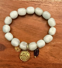 Pale Blue Amazonite Gemstone Stretch Bracelet Gold Tone Charms Amethyst