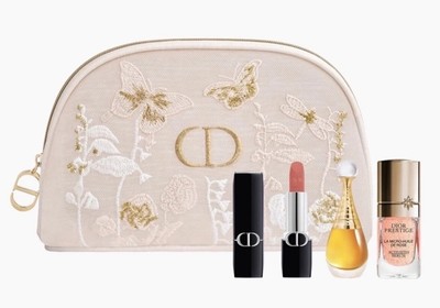 Dior Floral Embroidered Mesh Bag Couture Pouch 4pc Set Rose  Serum/L'Or/lipstick