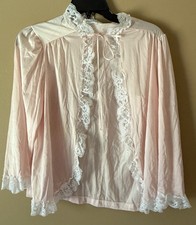 Vintage Miss Elaine Pink Nylon With White Lace Trim Bed Jacket Size Small