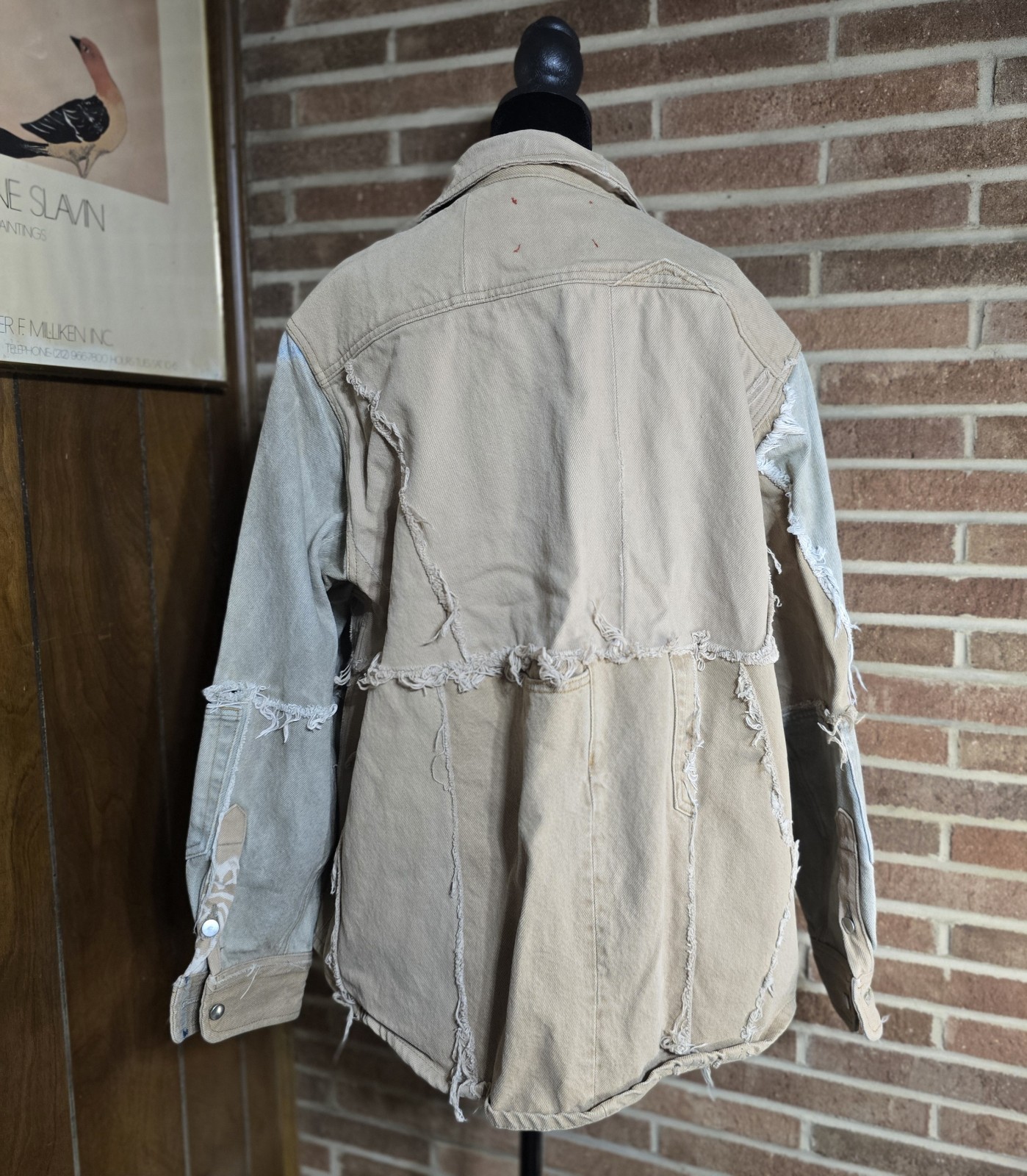 424 Patchwork Frayed Button-Up Beige Gray Shirt J… - image 6