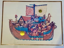 Noah and the Ark Amram Ebgi COA Embossed in Gold signed mixed media litho