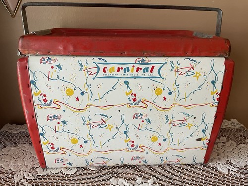Vintage 1950s Columbian Carnival Metal Picnic Cooler Ice Chest Red Graphic MCM