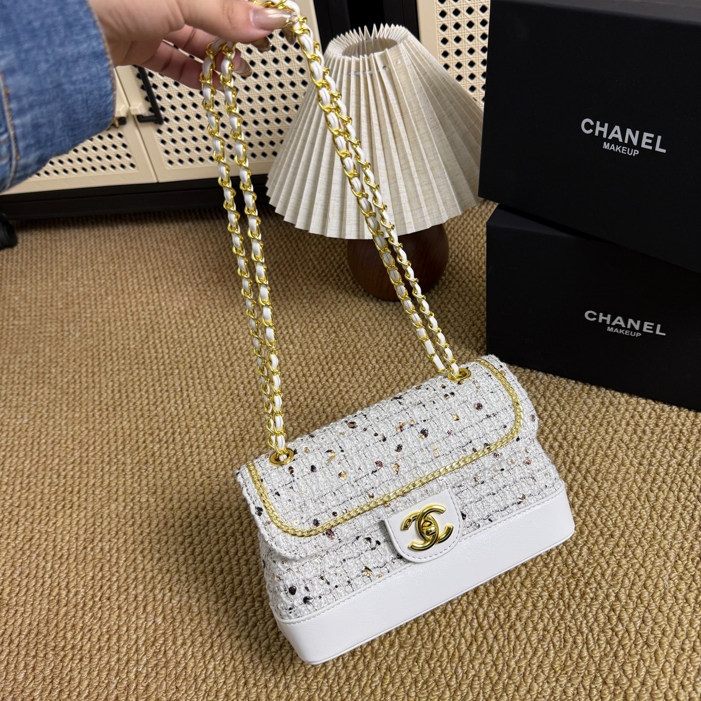 Beaute Makeup Bag Beauty Chanel GWP Tweed Flap Bag Gold Chain Crossbody NIB
