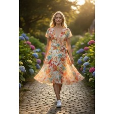 JBS Womens Sheer Floral Watercolor Ruffle Dress Cap Sleeve Multicolor Size 14