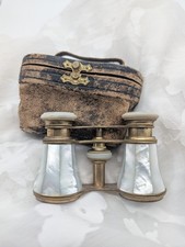 Antique French Bertier Opera Glasses Mother of Pearl Brass Original Leather Case