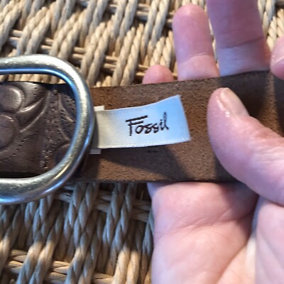 Fossil Womens Belt Brown Leather Tooled Floral Silver Belt  display picture 3