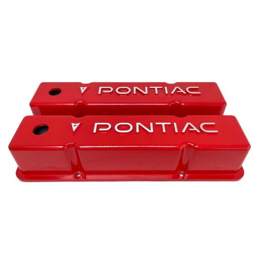 Small Block Chevy Tall RED Valve Covers, Pontiac RAISED Logo (FOR CHEVY ENGINES) - Picture 2 of 9